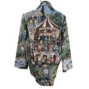 VTG Its Outta the Bag Unge Potch Ket Tapestry Blazer Jacket Sz S Dogs Kids Artsy